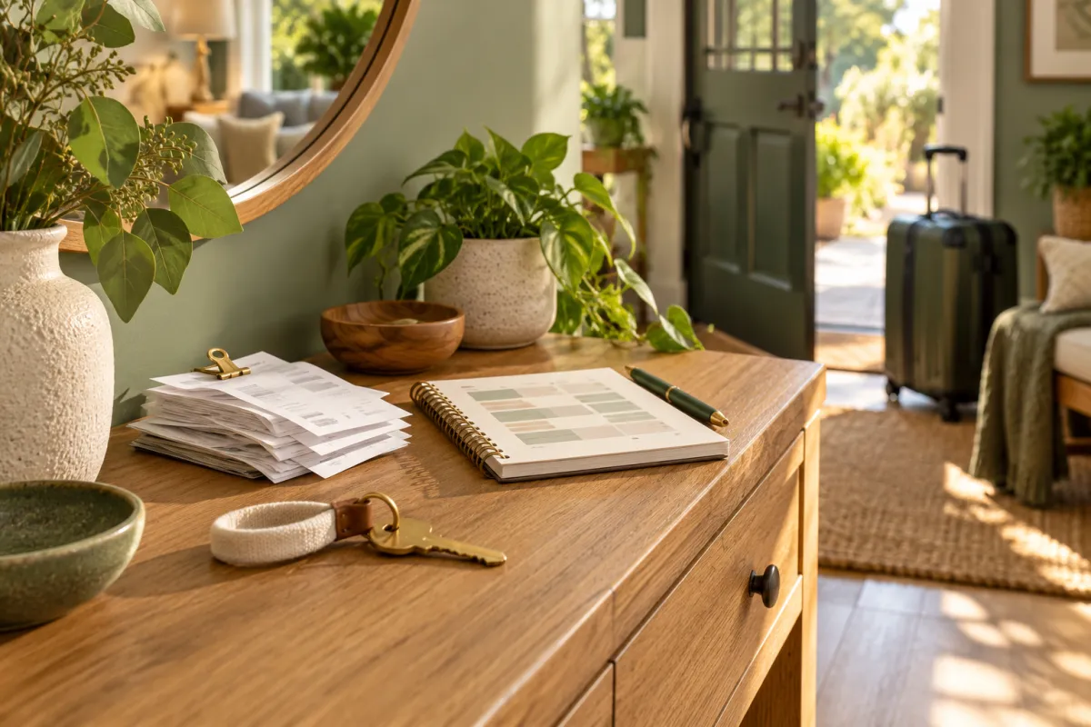 Keys, a booking notebook and receipts on a kitchen table in a Canadian short-term rental.
