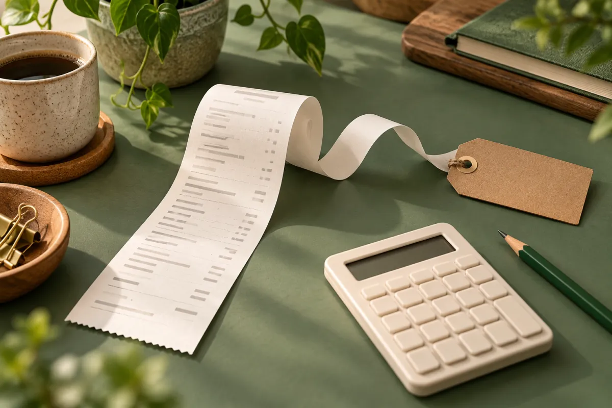 Reçu, étiquette de prix et calculatrice pour retrouver un montant avant taxes.