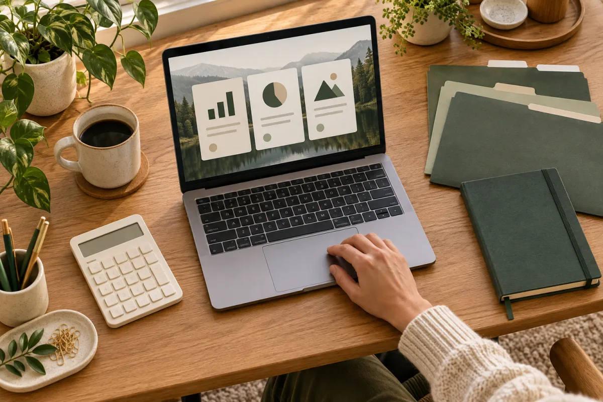 Laptop, calculator and organized tax folders for choosing a Canadian income tax tool.