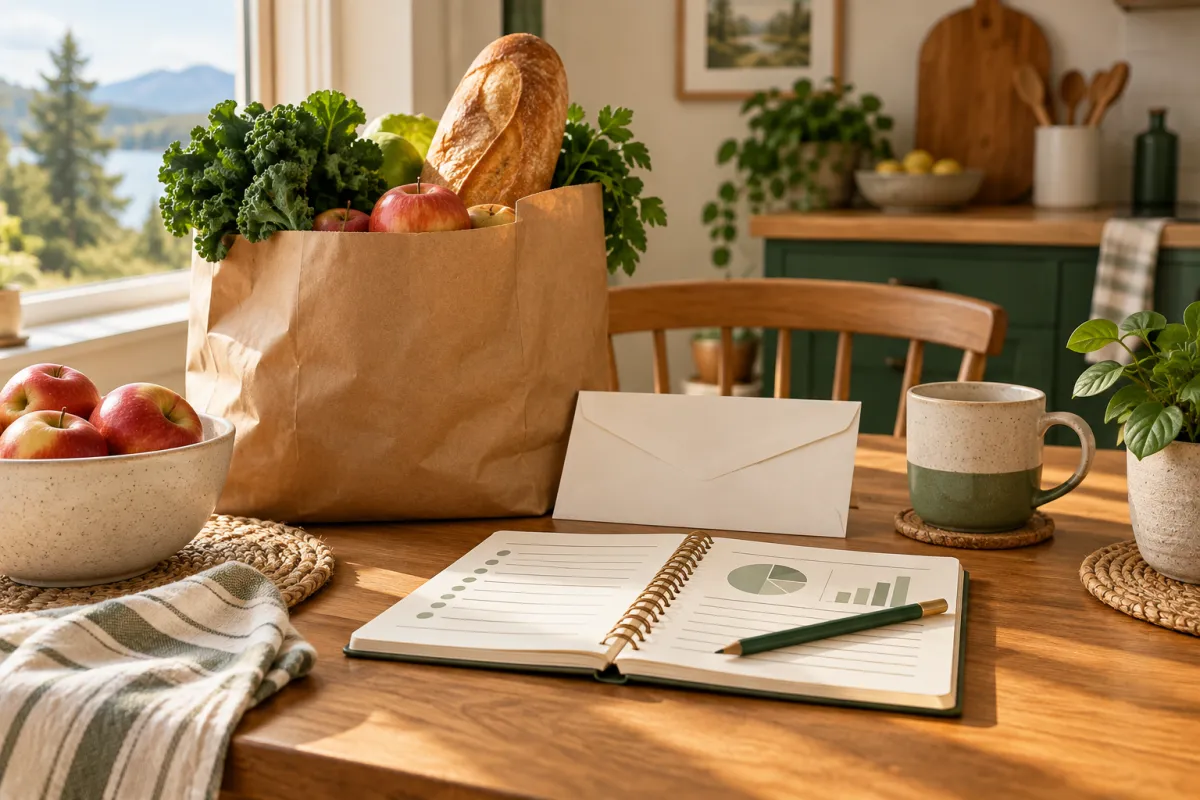 Panier d’épicerie, enveloppe et carnet de budget sur une table de cuisine.