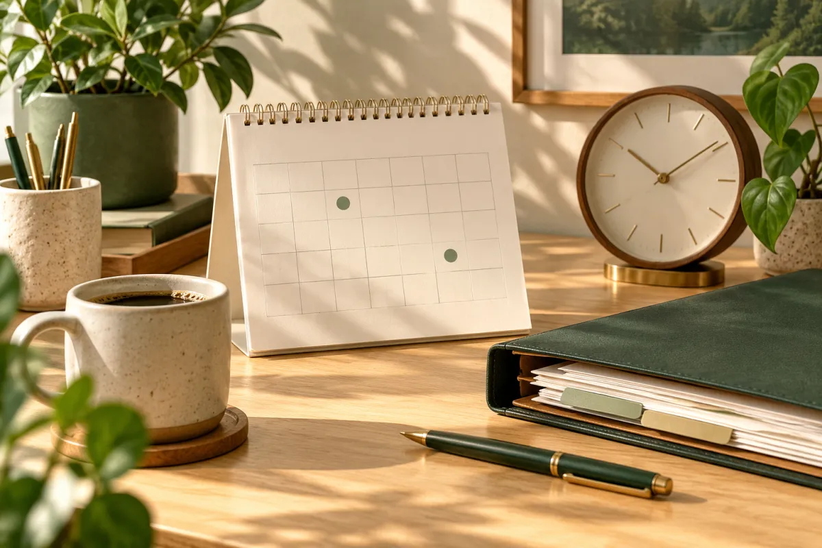 Calendrier de bureau et dossier comptable pour planifier les échéances.