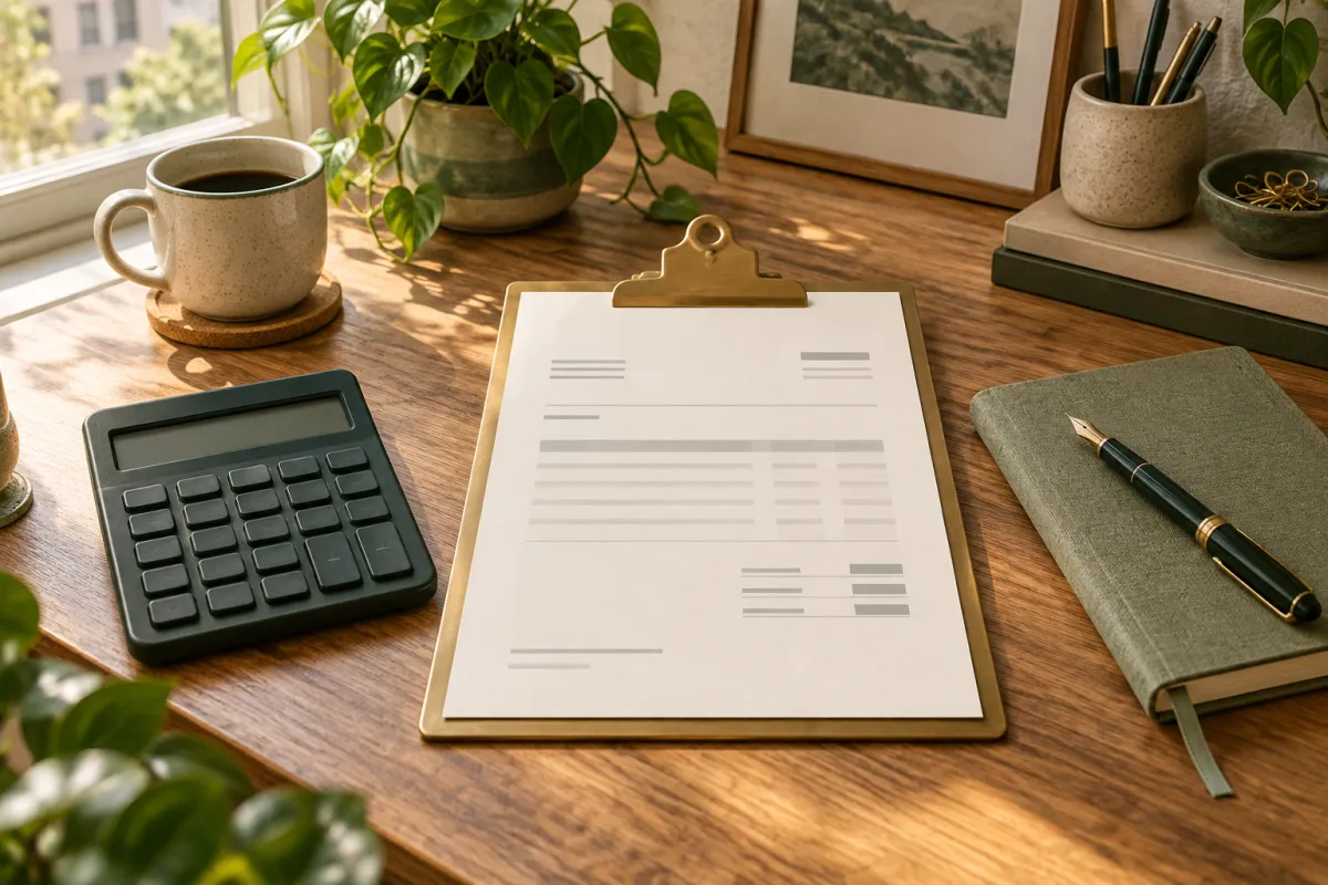 Facture à lignes distinctes, calculatrice et carnet sur un bureau.