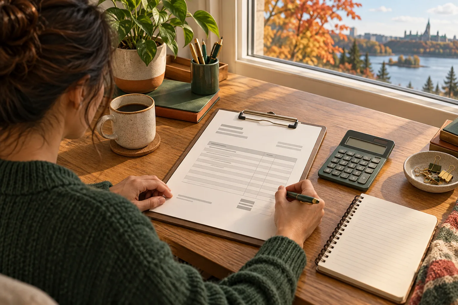 Illustration of an invoice, calculator and notebook on a wooden desk.