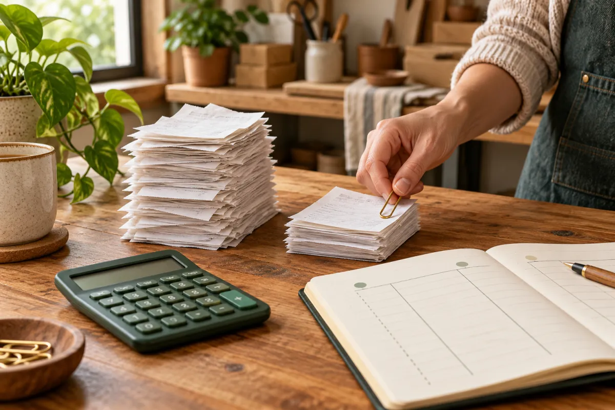 Carnet de calcul et reçus regroupés pour comparer les méthodes comptables.
