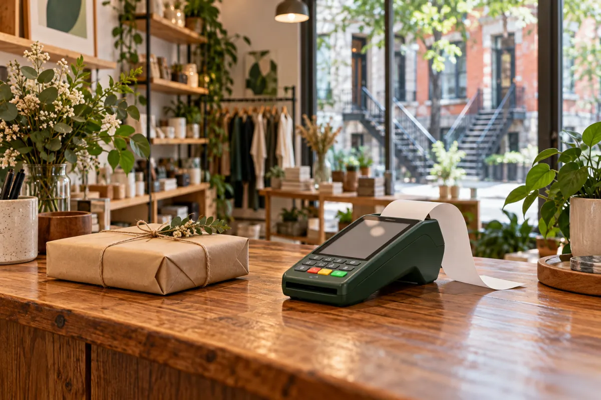 Comptoir de boutique au Québec avec terminal de paiement et reçu.