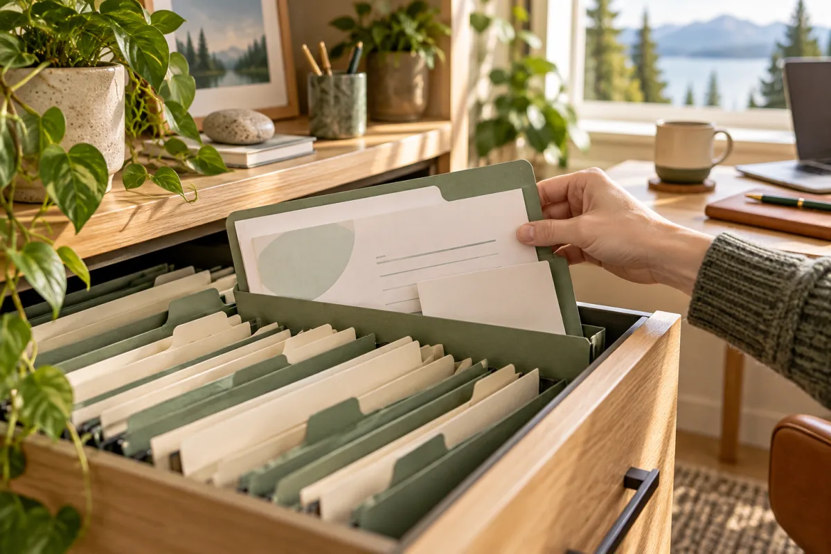 Dossiers d’entreprise ouverts et carnet pour retrouver ses renseignements fiscaux.